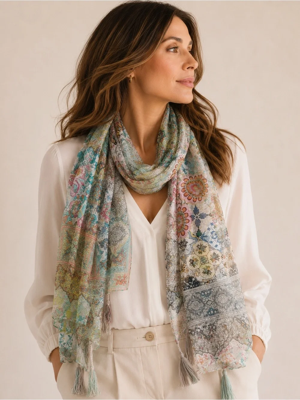 Johnny Was NWT 100% Silk Tassel Scarf Boho Floral Paisley Wrap Shawl